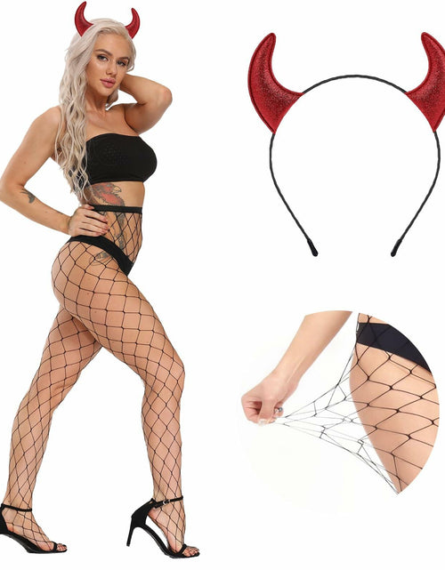 Load image into Gallery viewer, Voiiake Red Devil Horns Headband &amp; Fishnet Thigh High Stockings Set
