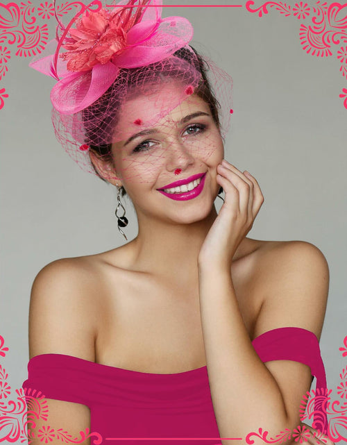 Load image into Gallery viewer, Kidukso Fascinators Hat Vintage 1923s Derby Mesh Veil Feathers Rose Red
