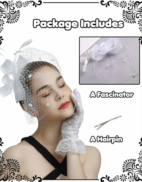 Load image into Gallery viewer, Kidukso Fascinators Hat Vintage 1930s Derby Mesh Veil Feathers White
