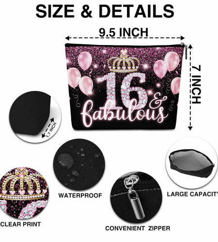AWSICE Makeup Bag Black Pink 16 Fabulous Birthday Gift for Girls