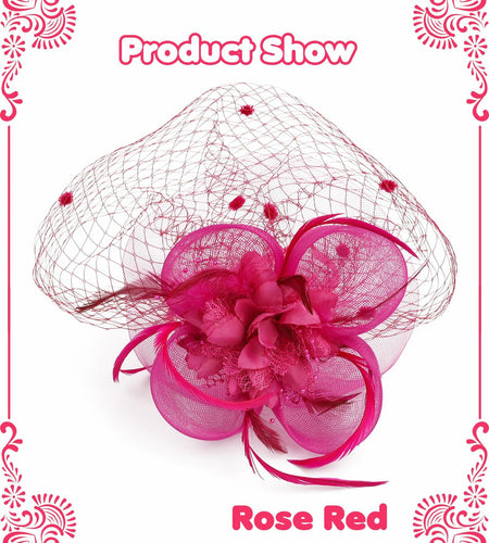 Kidukso Fascinators Hat Vintage 1923s Derby Mesh Veil Feathers Rose Red