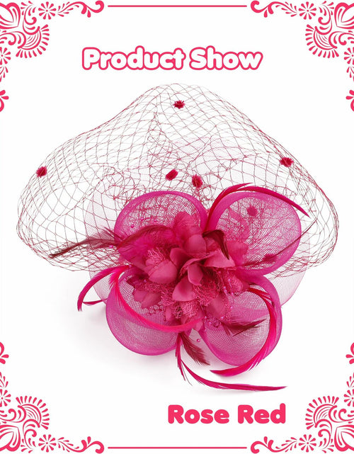 Load image into Gallery viewer, Kidukso Fascinators Hat Vintage 1923s Derby Mesh Veil Feathers Rose Red
