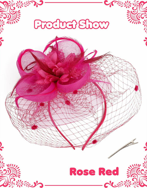 Load image into Gallery viewer, Kidukso Fascinators Hat Vintage 1923s Derby Mesh Veil Feathers Rose Red
