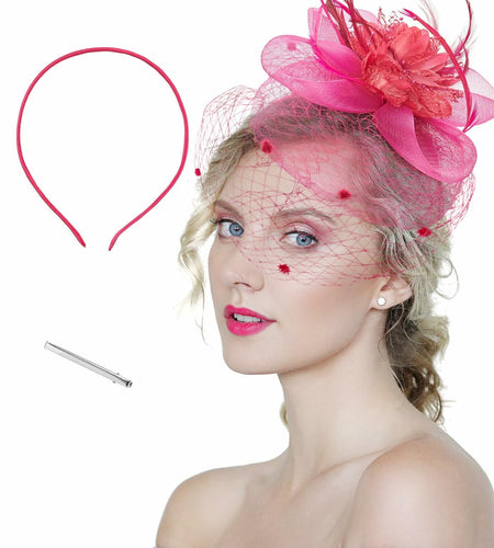 Kidukso Fascinators Hat Vintage 1923s Derby Mesh Veil Feathers Rose Red