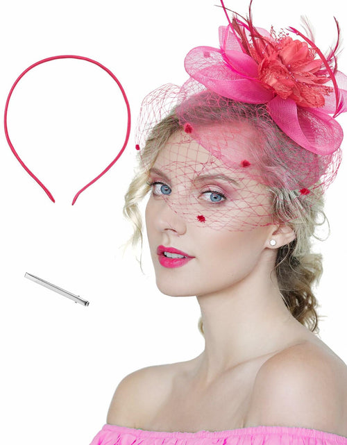 Load image into Gallery viewer, Kidukso Fascinators Hat Vintage 1923s Derby Mesh Veil Feathers Rose Red
