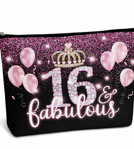 AWSICE Makeup Bag Black Pink 16 Fabulous Birthday Gift for Girls