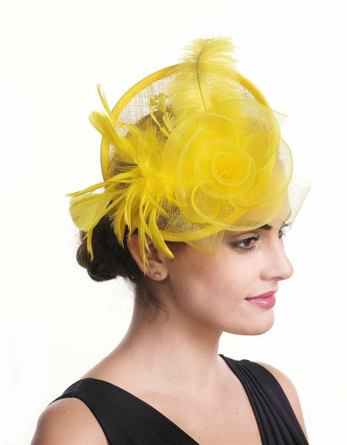 Load image into Gallery viewer, SAFERIN Fascinator Hair Clip Bowler Feather Flower Veil Wedding Hat Yellow
