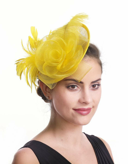 Load image into Gallery viewer, SAFERIN Fascinator Hair Clip Bowler Feather Flower Veil Wedding Hat Yellow
