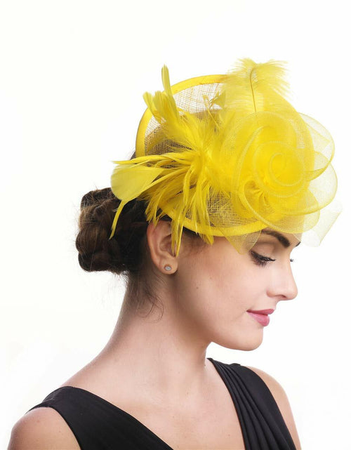 Load image into Gallery viewer, SAFERIN Fascinator Hair Clip Bowler Feather Flower Veil Wedding Hat Yellow
