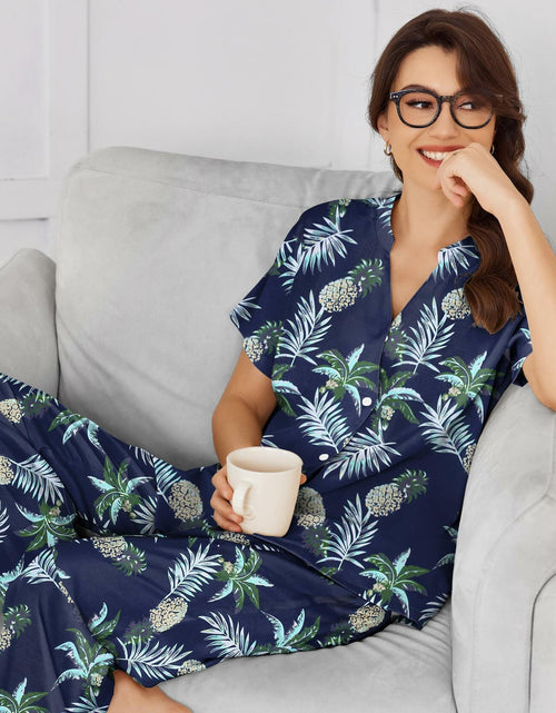 Load image into Gallery viewer, Ekouaer Women Pajamas Set Button Down Short Sleeve Navy Size Small
