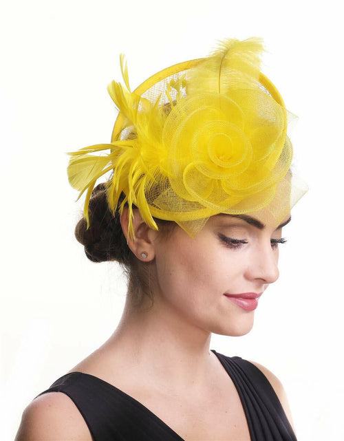 Load image into Gallery viewer, SAFERIN Fascinator Hair Clip Bowler Feather Flower Veil Wedding Hat Yellow

