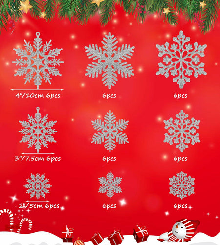 54pcs Silver Snowflake Christmas Tree Ornaments Glitter Indoor Decor