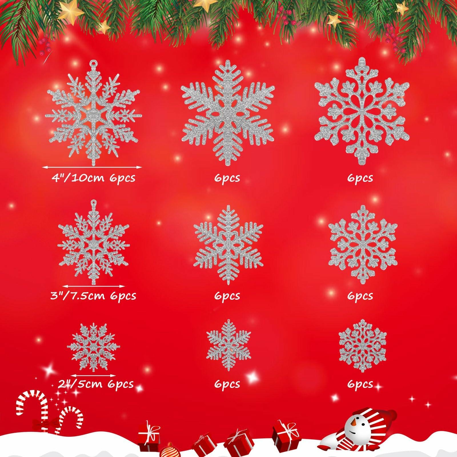 54pcs Silver Snowflake Christmas Tree Ornaments Glitter Indoor Decor