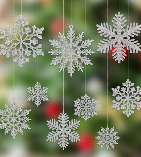 54pcs Silver Snowflake Christmas Tree Ornaments Glitter Indoor Decor