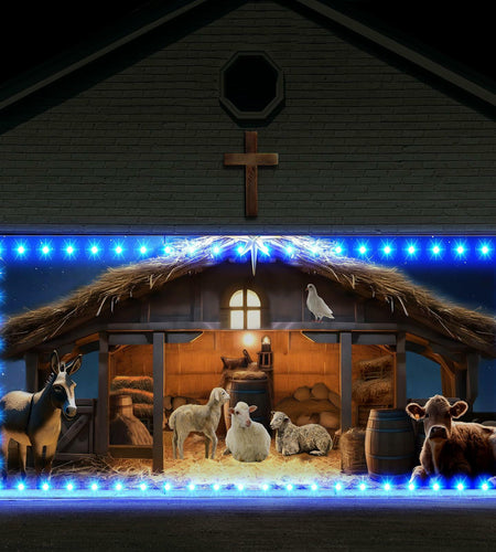 Ganeen 6.4x16ft LED Christmas Garage Door Banner Rustic Nativity Farm