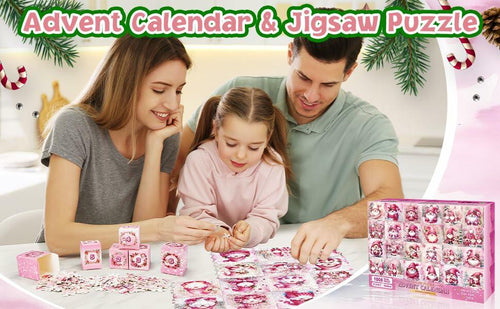 Load image into Gallery viewer, 1008 Pc Pink Gnome Advent Calendar Puzzle 2025 24-Day Countdown
