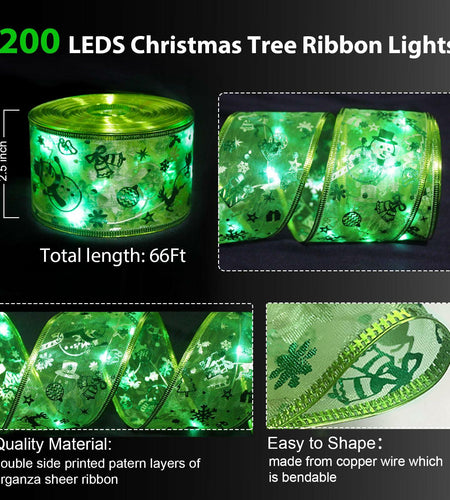 Vloso Christmas Tree Ribbon Lights 66Ft 200 LED Remote Timer Battery USB