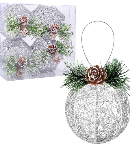 Christmas Ball Ornaments 4pc Silver Pinecone Rattan Thread String Decor