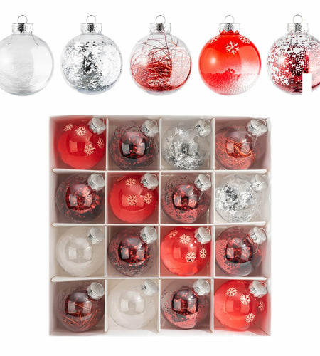16PCS Clear Red Christmas Balls Ornaments 3.15in Shatterproof Hanging Set
