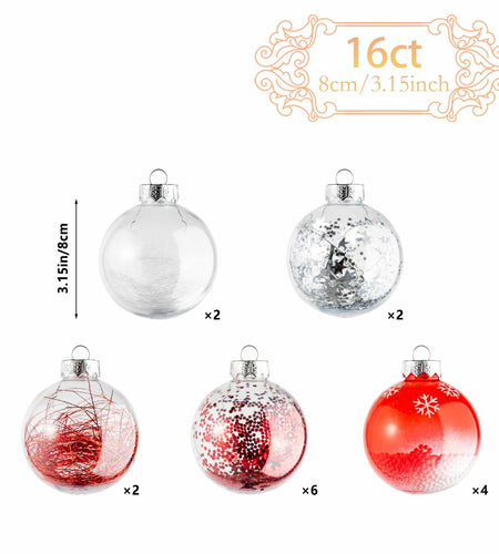 16PCS Clear Red Christmas Balls Ornaments 3.15in Shatterproof Hanging Set