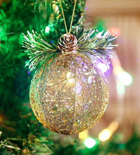 Christmas Ball Ornaments 4pc Set Champagne Pinecone Rattan String Decor