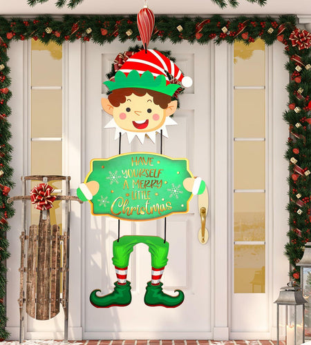 [Like New] Elf Boys Hanging Sign with Lights Wooden Christmas Decor Indoor Outdoor