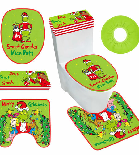 Funny Christmas Toilet Seat Cover Set 4pcs White Elephant Bathroom Decor