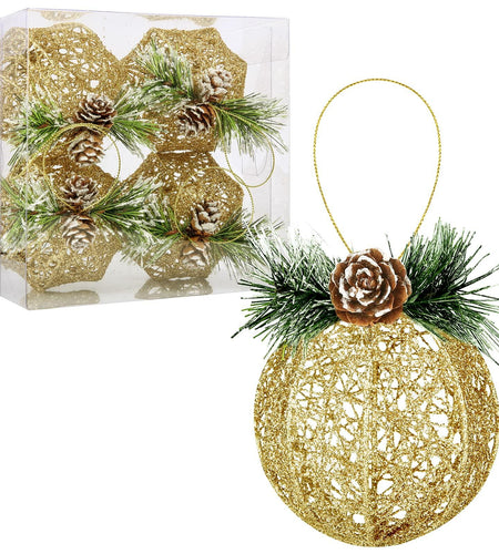Christmas Ball Ornaments 4pc Set Champagne Pinecone Rattan String Decor