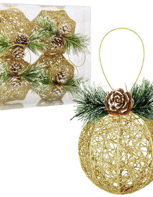 Load image into Gallery viewer, Christmas Ball Ornaments 4pc Set Champagne Pinecone Rattan String Decor
