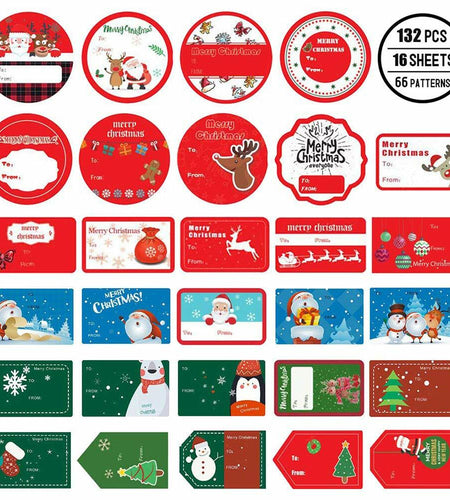 132 PCS Christmas Tags Stickers Santa Snowmen Xmas Tree Deer Labels