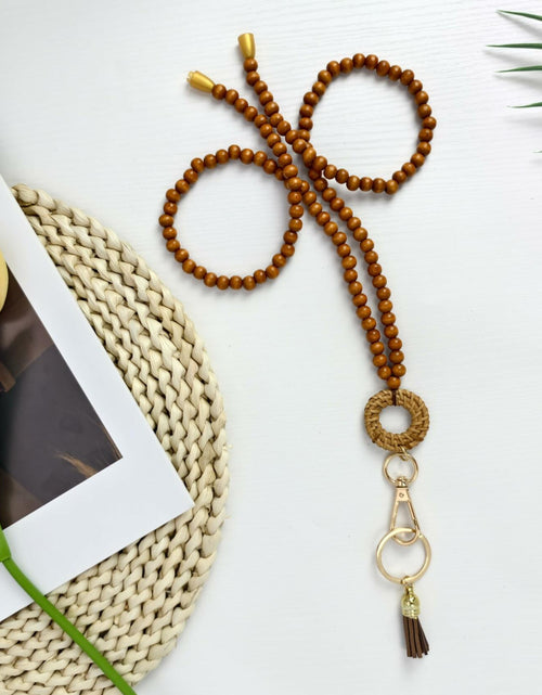 Load image into Gallery viewer, Wood Beaded Lanyards Set Boho Teacher ID Badge Holder Clip White Brown Large
