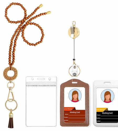 Wood Beaded Lanyards Set Boho Teacher ID Badge Holder Clip White Brown Large