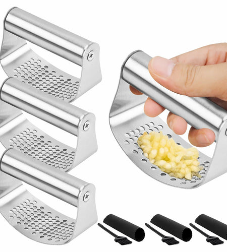 FATUXZ 3-Piece Stainless Steel Garlic Press Set with Silicone Peeler