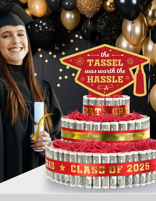 Load image into Gallery viewer, 2025 Graduation 3 Tier Red Gold Grad Cap Cake Cash Gift Party Supplies
