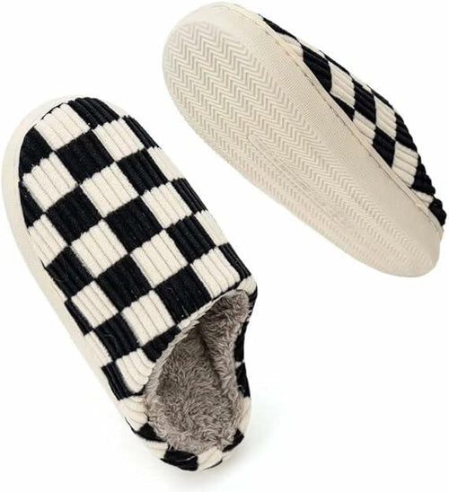 Load image into Gallery viewer, kissxiaoya Unisex Plaid Memory Foam House Slippers Black Size 6.5-7
