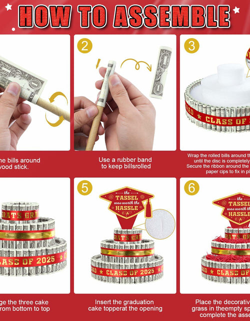 Load image into Gallery viewer, 2025 Graduation 3 Tier Red Gold Grad Cap Cake Cash Gift Party Supplies
