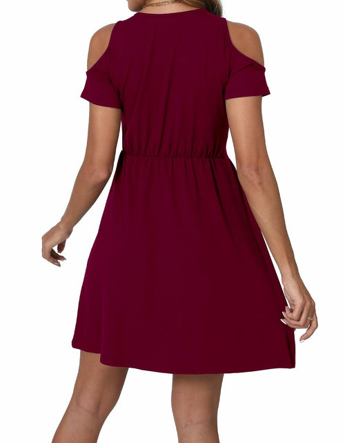 Load image into Gallery viewer, Women's Cold Shoulder Dress Deep V-Neck Knotted Sundress Wine Red
