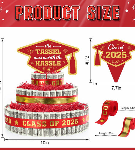 2025 Graduation 3 Tier Red Gold Grad Cap Cake Cash Gift Party Supplies