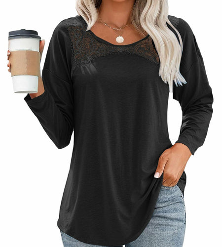 Uincloset Women's Long Sleeve Lace Crochet Tunic Blouse Black Size Small