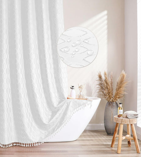 QiyI White Small Stall Shower Curtain Tassel Tufted Geometric 36x72 Inch