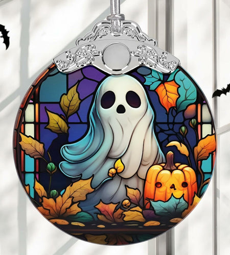 Christmas Ornament Stained Glass Ghost with Pumpkin Holiday Decoration