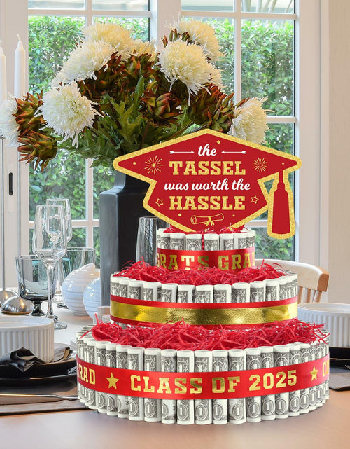 Load image into Gallery viewer, 2025 Graduation 3 Tier Red Gold Grad Cap Cake Cash Gift Party Supplies
