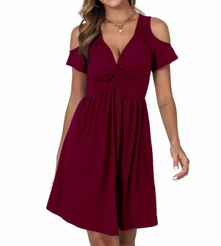 Women's Cold Shoulder Dress Deep V-Neck Knotted Sundress Wine Red
