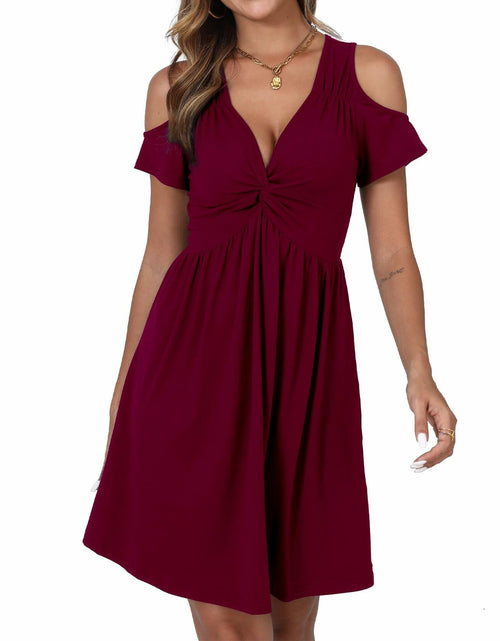 Load image into Gallery viewer, Women's Cold Shoulder Dress Deep V-Neck Knotted Sundress Wine Red

