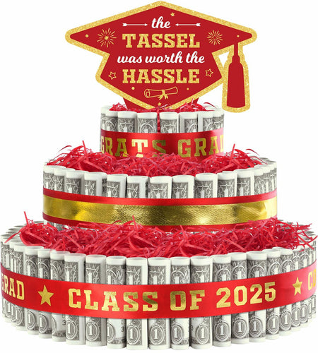 2025 Graduation 3 Tier Red Gold Grad Cap Cake Cash Gift Party Supplies