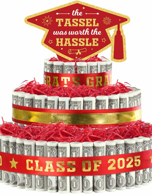 Load image into Gallery viewer, 2025 Graduation 3 Tier Red Gold Grad Cap Cake Cash Gift Party Supplies
