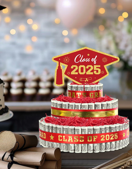 Load image into Gallery viewer, 2025 Graduation 3 Tier Red Gold Grad Cap Cake Cash Gift Party Supplies
