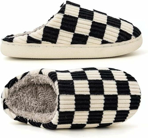 Load image into Gallery viewer, kissxiaoya Unisex Plaid Memory Foam House Slippers Black Size 6.5-7
