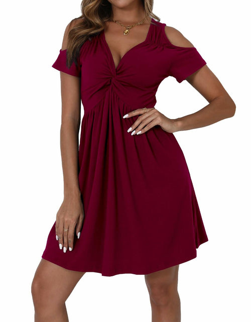 Load image into Gallery viewer, Women's Cold Shoulder Dress Deep V-Neck Knotted Sundress Wine Red
