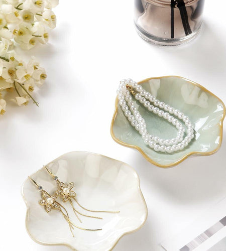 2PCS Lotus Leaf Ring Holder Dish Ceramic Trinket Tray White Light Green